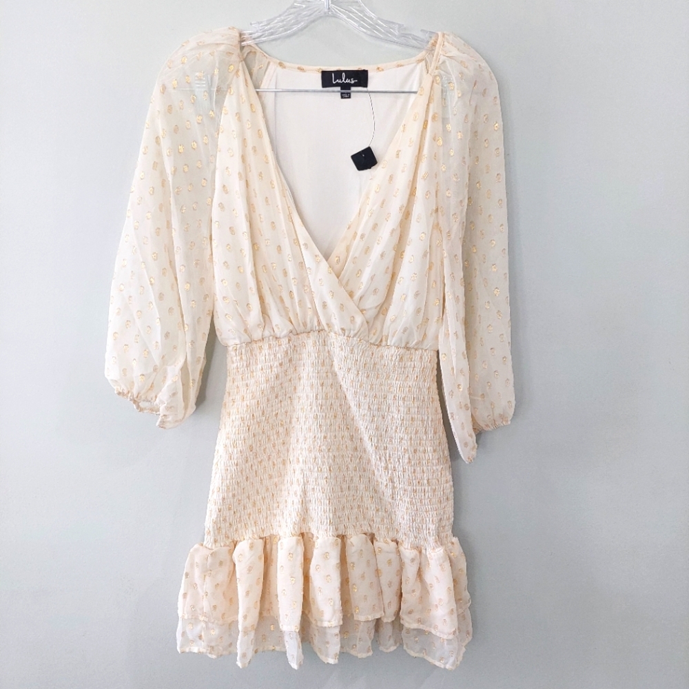 Lulus All The Cheers Cream And Gold Dress Small Short Polkadot V-neck 3/4 Sleeve